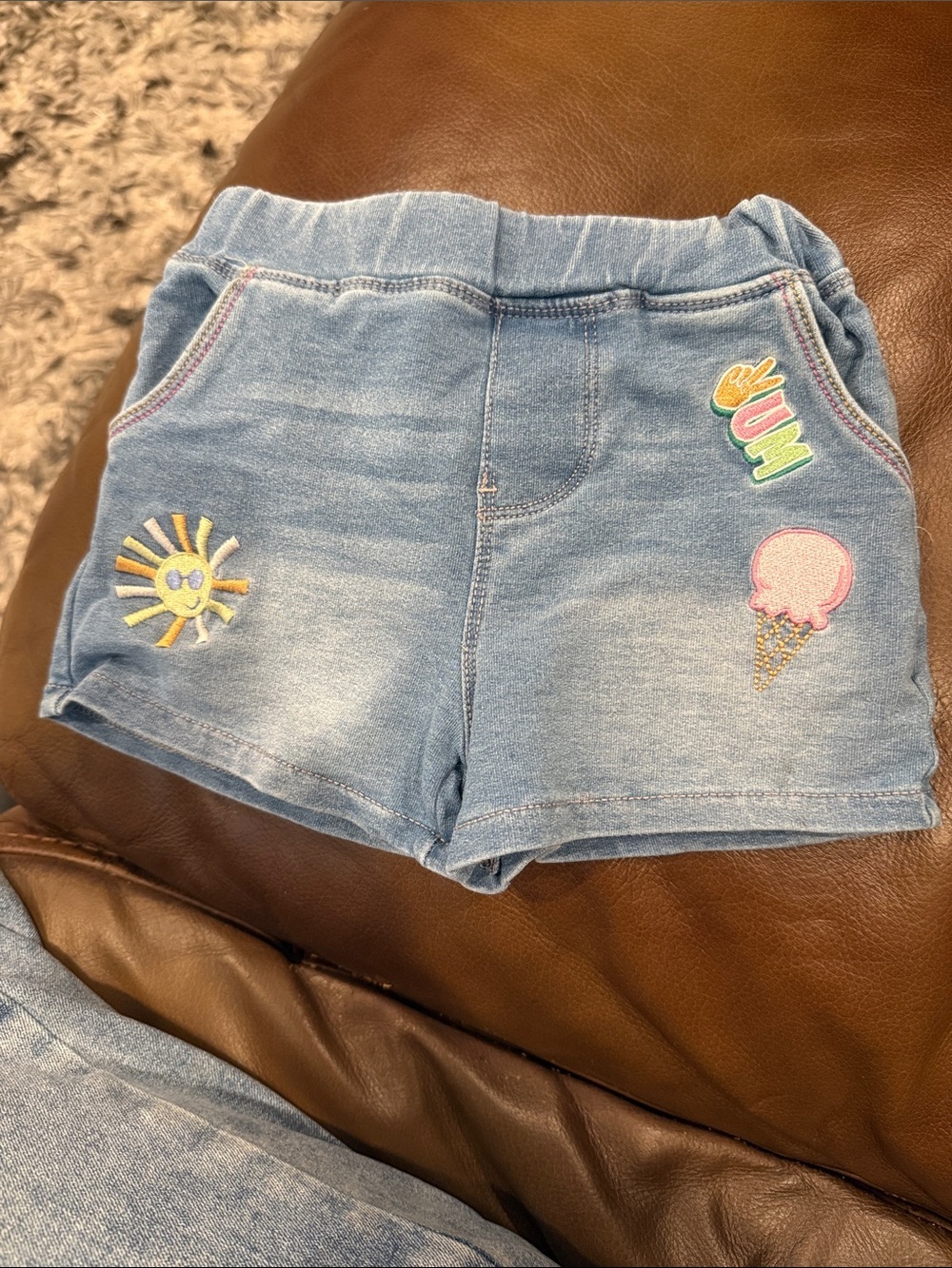 Flapdoodles Light Blue Denim-Style Girls Shorts with Sun & Ice Cream Patches